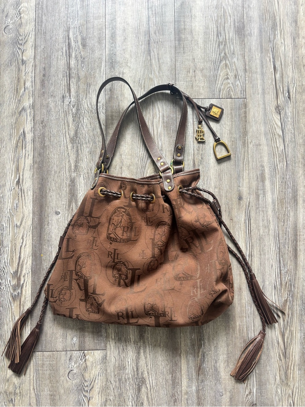 Ralph Lauren Brown Monogram Drawstring Shoulder Bag with Tassels